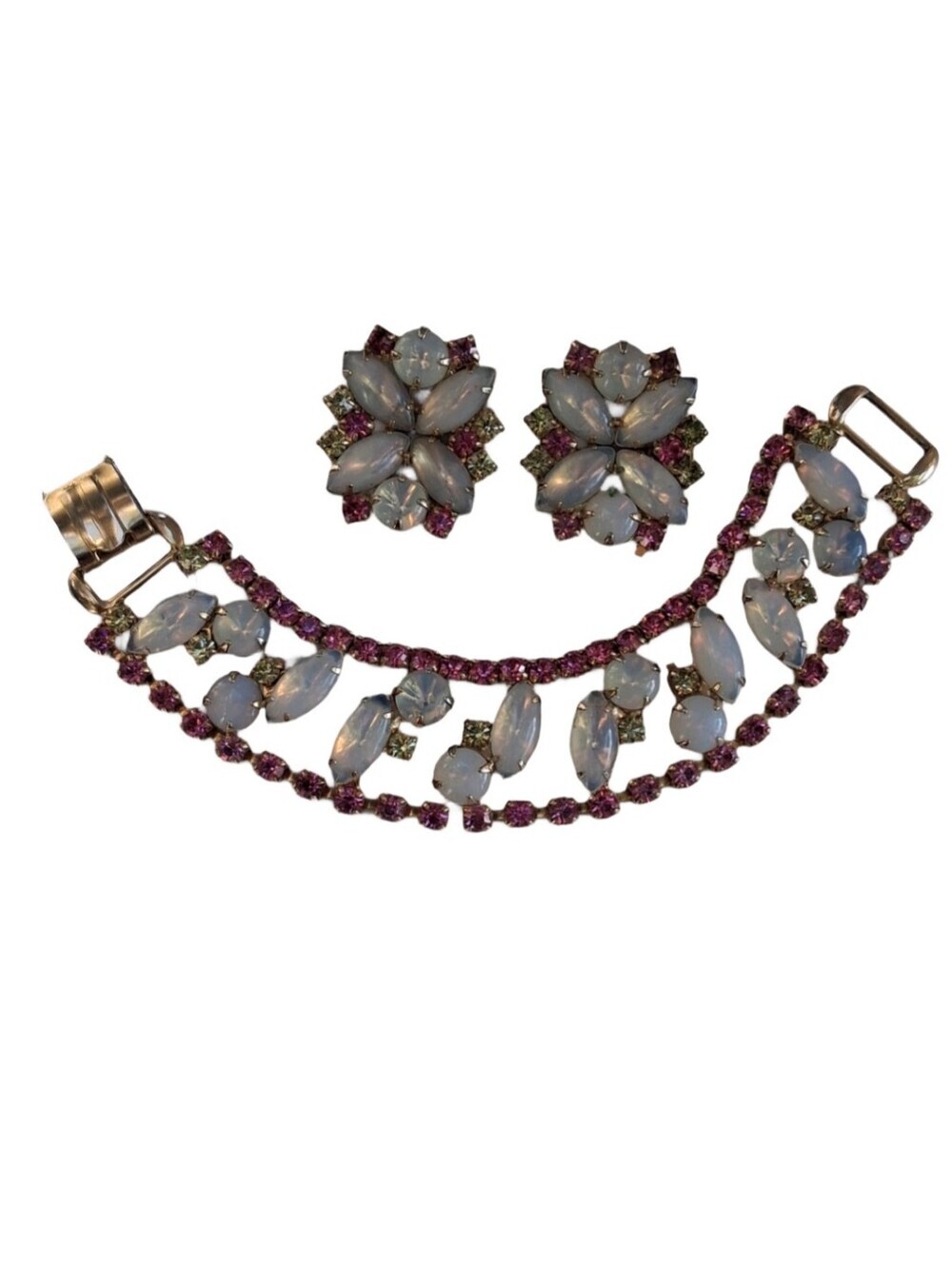 MCM Retro Pink & Moonstone Glass Rhinestone Bracelet Set - Statement Jewelry